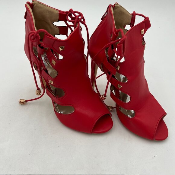 Red Classic Gladiator Lace Up Sandals High Heels Peep Toe Zipper Cage Shoes - Picture 3 of 6